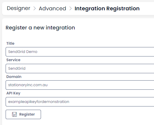 Populated integration form following the steps above